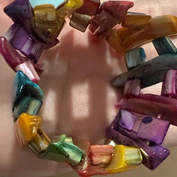 Vintage Shell Bracelet Rainbow Glazed Seashell Accordion Chunky Stretch Cuff - Picture 4 of 4